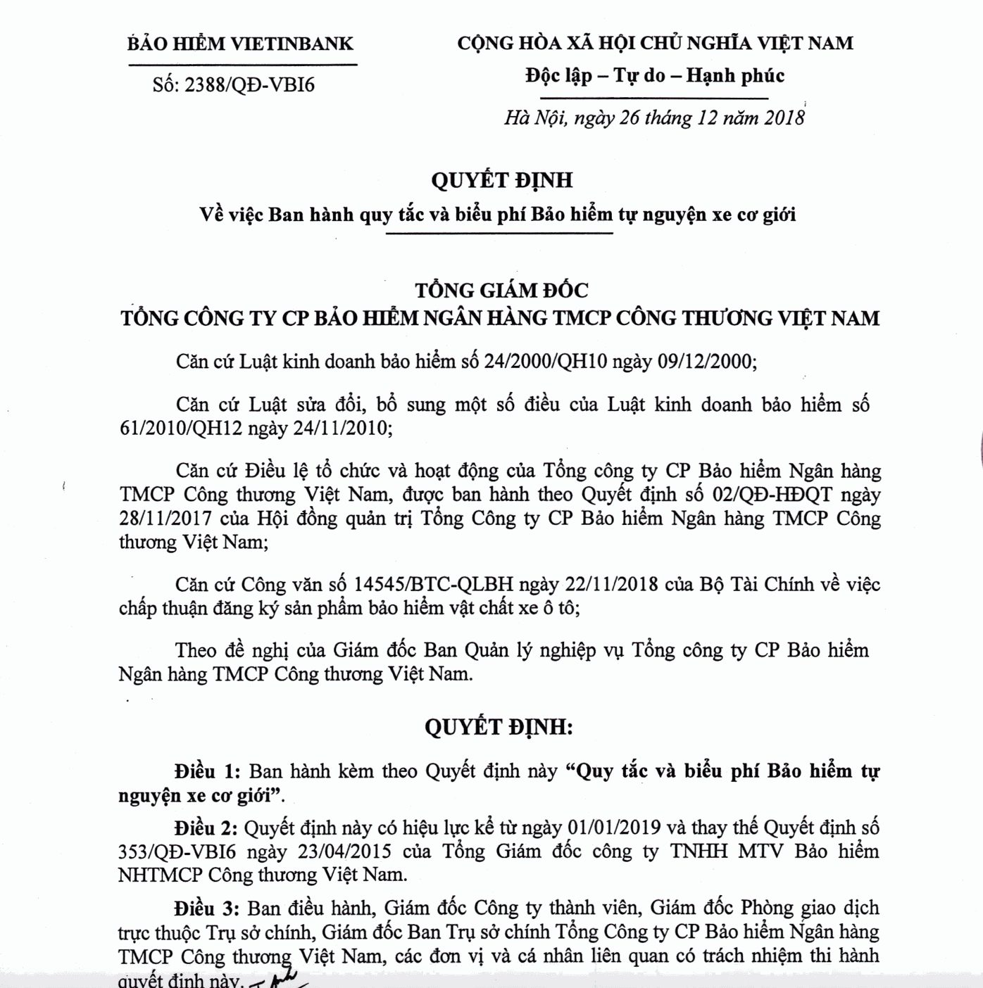 Bảo Hiểm Vật Chất Ô Tô VBI (VietinBank) - Quy tắc bảo hiểm